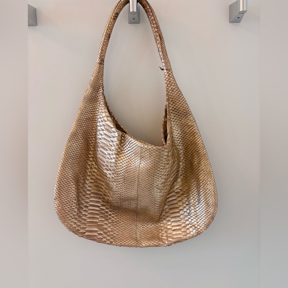 Devi Kroell Metallic Taupe Bronze Python Snakeskin Hobo Shoulder Tote Bag